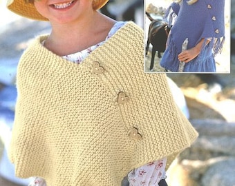 Easy Garter Stitch Baby Girls Poncho Fringe or Plain (6 mths - 8 years) Aran 10 Ply Worsted Knitting Pattern  PDF download