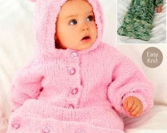 Easy All in One Hood Ears & Sleeping Bag Boys Girls Childs  0 - 2 Years 16 - 20" ~ Chunky Snowflake 12 Ply Knitting Pattern pdf Download