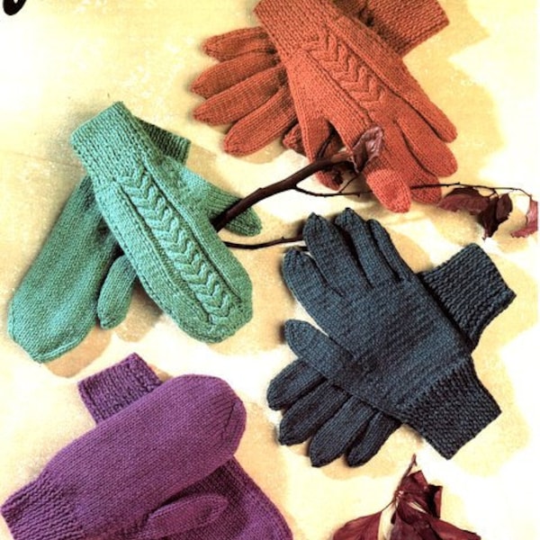 Adults & Childrens Family Gloves Plain or Cable Gloves and Mitts 2 Needle -  7 years - Adult ~ DK wool 8ply Knitting Pattern pdf Download