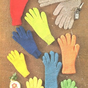 May include: Assortment of ten knitted gloves in various colors, including red, blue, yellow, green, and orange. The gloves are displayed on a brown surface.