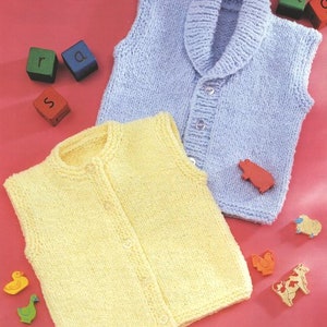 May include: Two knitted vests, one light blue with a collar and one yellow, both with button fastenings.