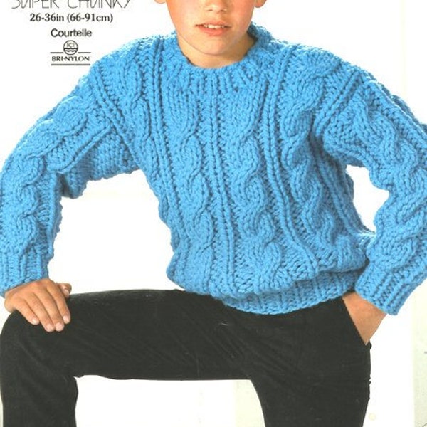 Easy Quick Cable Sweater Round Neck Boys Girls 26" - 36"   - Super Bulky / Super Chunky Wool Knitting Pattern PDF Instant download