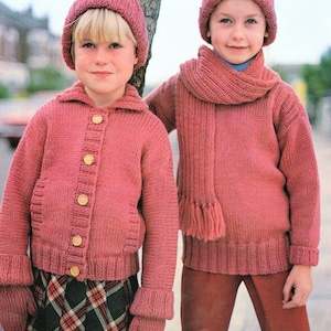 Childs Collar Jacket Pockets Round Neck Sweater Hat Scarf & Mitts Boys Girls 22 30 DK 8 Ply Light Worsted Knitting Pattern pdf Download image 1