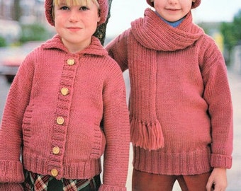 Childs Collar Jacket Pockets Round Neck Sweater Hat Scarf & Mitts Boys Girls 22 - 30" DK 8 Ply Light Worsted Knitting Pattern pdf  Download