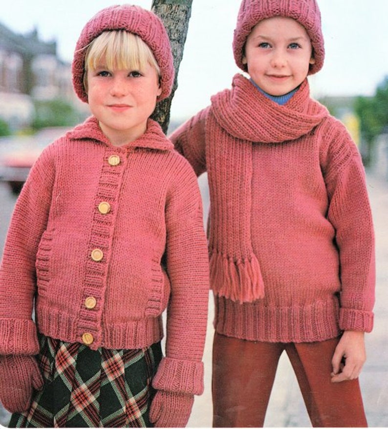 Childs Collar Jacket Pockets Round Neck Sweater Hat Scarf & Mitts Boys Girls 22 30 DK 8 Ply Light Worsted Knitting Pattern pdf Download image 1