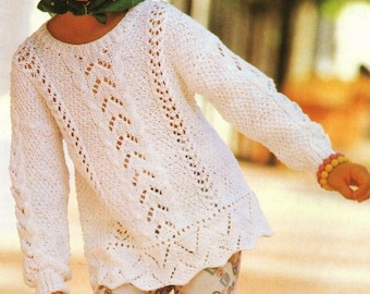 Girls Scoop Neck Lacy Panel Sweater Tunic Jumper 22-32" ~ 2 - 12 Years Cotton DK wool 8ply Light Worsted  Knitting Pattern pdf Download