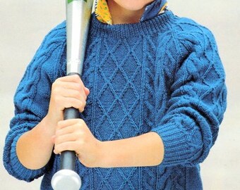 Childs Round Neck Raglan Cable Diamond Sweater Shoulder Opening Girls Boys  22 -30" ~  4 Ply Fingering Knitting Pattern pdf Instant Download