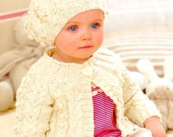 Baby Girl Cardigan Cable Bobble Round Neck & Beret 18" - 26"  DK 8 Ply Light Worsted Knitting Pattern PDF Instant download