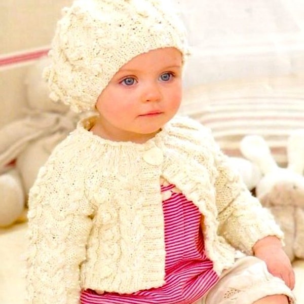 Baby Girl Cardigan Cable Bobble Round Neck & Beret 18" - 26"  DK 8 Ply Light Worsted Knitting Pattern PDF Instant download