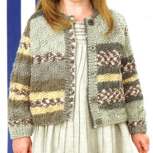 May include: A light green, brown and yellow striped knitted cardigan with button fastenings.