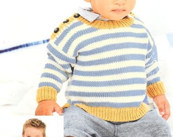 Baby Round Neck Sweater Jumper Stripe Shoulder Opening 16"- 26"  0 -7 years ~ DK 8 Ply Light Worsted Knitting Pattern pdf instant download