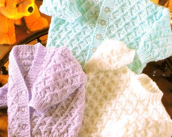 Baby Lattice Diamond Cable Cardigans Round V Neck & Button Neck Sweater 16 - 24"  DK 8 Ply Light Worsted Knitting Pattern pdf  Download