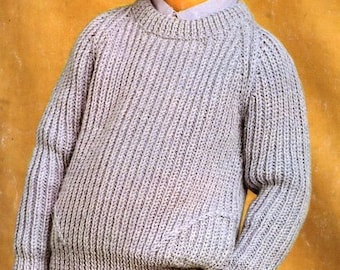 Easy Boy Girl Fishermans Rib Round Neck Raglan Sweater Jumper with Pockets 6 - 11yrs  24"- 30" inch ~ Aran Knitting Pattern PDF Download
