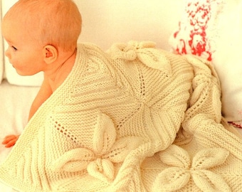 Leaf Pattern Baby Blanket Knit in Squares 36 x 36&quot;  ~ Aran 10 Ply Worsted & DK 8 Ply Light Worsted Knitting Pattern PDF Instant Download