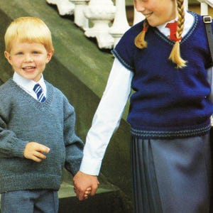 Easy Plain Childrens Sweater & Slipover V Neck School Boys Girls 24 -34&quot; ~ DK Wool 8ply Light Worsted Knitting Pattern pdf Instant Download