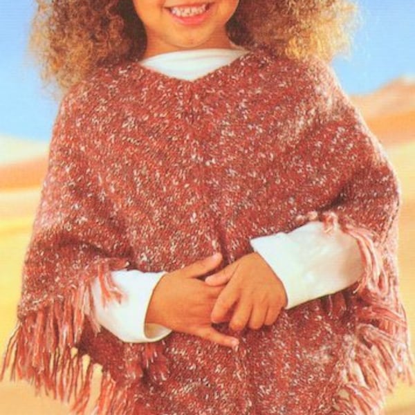 Easy Poncho Girls Womens Fringe Option & Saddle Shoulder Sweater 24" - 42" Aran 10 Ply Worsted Knitting Pattern PDF Instant download