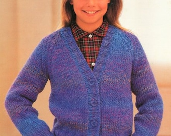 Easy Beginner Boys Girls Childrens Plain V Neck Raglan Cardigan  26-32" Chunky Wool 12 Ply Knitting Pattern pdf Instant Download