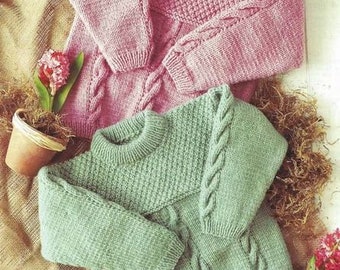 Cable Sweater Crew Neck & Roll Bagel Neck Boys Girls 20" - 30" Chest ~ Aran 10 Ply Worsted Knitting Pattern PDF Instant download
