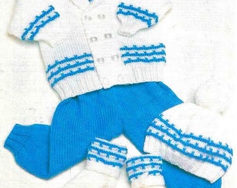 Baby Striped Double Breasted Shawl Collar Jacket  Pants Hat & Boots 12" - 20" DK 8 Ply Light Worsted Knitting Pattern PDF  download