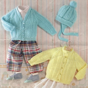 Baby Cardigans Cable Round & V Neck Raglan ~Hat Ear Flaps 16" - 20" 4 Ply Fingering Knitting Pattern PDF Instant download