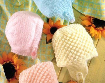 Baby Childrens Hats Bonnet Helmets Patterned Popcorn Stitch & Plain S-M-L  DK 8 Ply Light Worsted Knitting Pattern pdf Instant Download