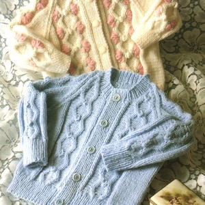 Cable Bobble Raglan Cardigan Crew Round Neck Embroidered Flowers Boys Girls 18 - 24&quot;  DK 8 Ply Light Worsted Knitting Pattern pdf  Download