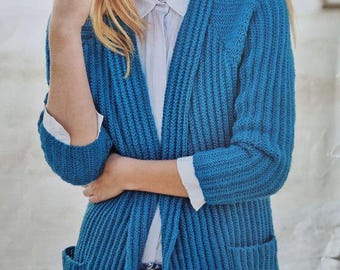 Easy Womans Rib Cardigan Edge to Edge Long / Short Pockets Collar Larger Sizes 32 - 50" DK 8 Ply Light Worsted pdf download Knitting Pattern