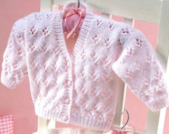 Rosebud Lacy Baby Girls Cardigan V & Round Neck  16" - 26" DK 8 Ply Light Worsted Knitting Pattern PDF Instant download