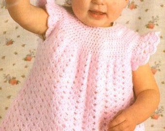 Crochet Baby Girls Yoked  Dress Short Frilly Sleeve Vintage 19 - 22"  DK 8 Ply Light Worsted Crochet Pattern PDF Instant Download.