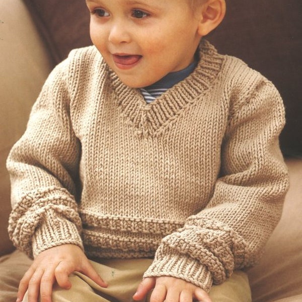 Baby Toddler V Neck Sweater - Sleeveless Slipover Textured-Hat  Boys Girls  22-32" Aran 10 Ply Worsted Knitting Pattern pdf Instant Download