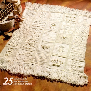 May include: A white crocheted blanket with a fringe border. The blanket is made up of 25 unique blocks, each with a different pattern. The text "25 unique blocks that create one sensational afghan." is printed below the blanket.