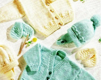 Easy Knit Baby Cardigans Round or V Neck Hat Helmet Mittens 16-24" Aran 10 Ply Worsted Knitting Pattern pdf Instant Download