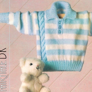 Babies Toddlers Striped Sweater Side Cable Collar Buttons 16" - 24" ~ DK 8 Ply Light Worsted Knitting Pattern PDF Instant download
