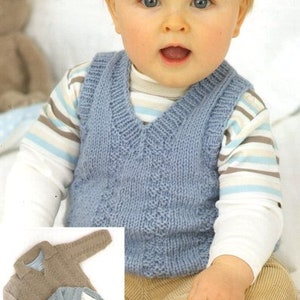 May include: A blue knitted vest with a V-neck and a striped shirt underneath. The vest has a textured pattern and is worn by a young child.