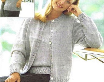 Womans Twinset Round Neck Sweater Cardigan Cable Hem & Cuff 32" - 42" DK 8 Ply Light Worsted pdf download Knitting Pattern