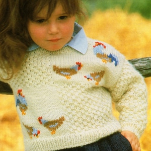 May include: A cream knitted jumper with a crew neck and embroidered chickens. The jumper has a textured stitch pattern and is decorated with five colourful chickens.