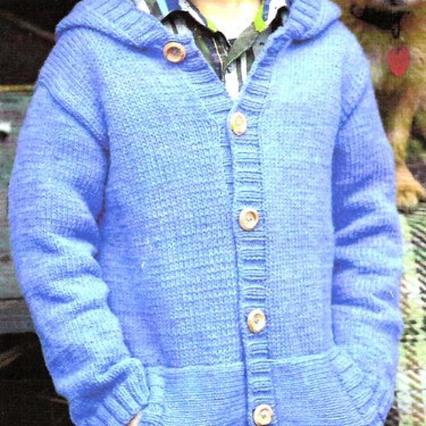 Easy Plain Hooded Jacket or Hooded Cardigan Pockets Boys Girls 22"- 32" ~  DK 8 Ply Light Worsted Knitting Pattern PDF Download