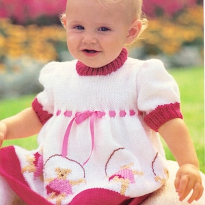 Baby Girls Short Sleeve Dress Skipping Teddy Motif  18"- 22"  ~ DK 8 Ply Light Worsted Knitting Pattern PDF Instant download