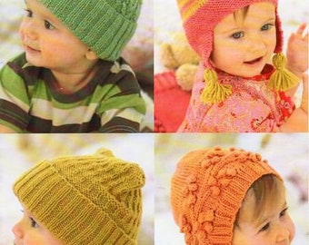 Baby Childrens Hats  Bonnet, Pull On, T Bag, Helmet, 0 - 7 Years DK 8 Ply Light Worsted Knitting Pattern pdf Instant Download