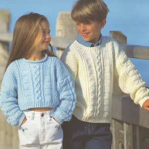 Easy Knit Aran Sweater Round Roll Neck Drop Shoulder Short Long Boys Girls  22-32&quot; Aran 10 Ply Worsted Knitting Pattern pdf Instant Download