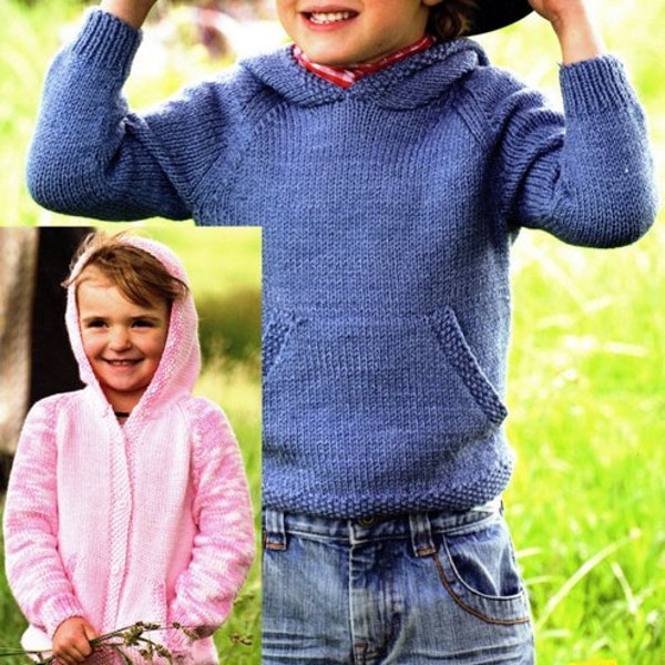 Easy Plain Hooded Sweater or Hooded Cardigan Jacket Hood Pockets Boys Girls 18"- 26" ~  DK 8 Ply Light Worsted Knitting Pattern PDF Download