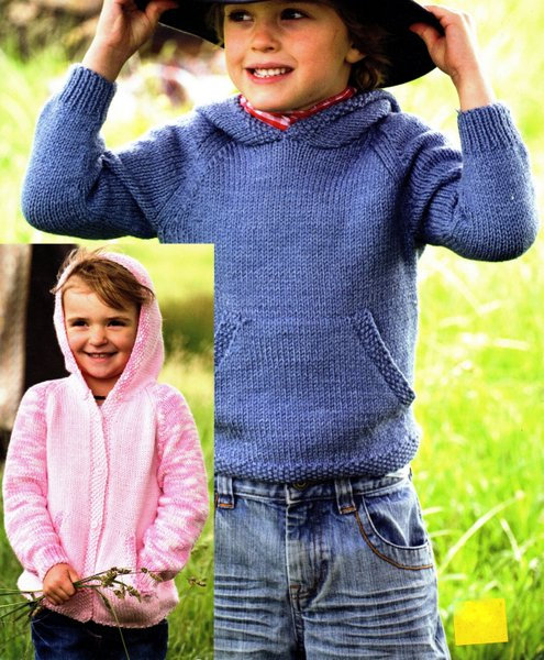 Easy Plain Hooded Sweater or Hooded Cardigan Jacket Hood Pockets Boys Girls 18"- 26" ~  Aran 10 Ply Worsted Knitting Pattern PDF Download