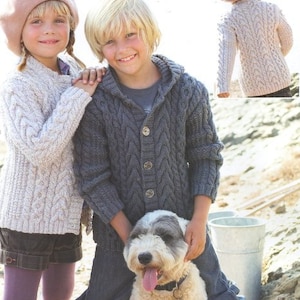Childrens Aran Cable Round Neck Coat Jacket & Hoodie Boys Girls  24" - 32"  Aran 10 Ply Worsted Knitting Pattern pdf Instant Download