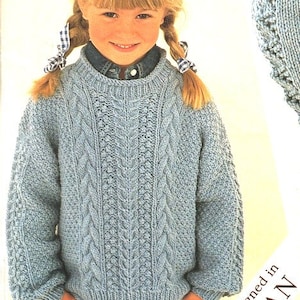 Childrens Aran Sweater Roll Bagel Neck Drop Sleeve Cable Traditional Boys Girls  22-30" Aran 10 Ply Worsted Knitting Pattern pdf Download