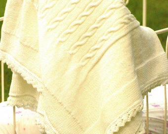Cable Pattern Baby Blanket Afghan Lace Edge  54 x 54"  ~  DK 8 Ply Light Worsted Knitting Pattern PDF Instant Download