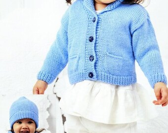Easy Baby Jacket Cardigan Shawl Neck Pockets ~ Beanie Hat & Blanket 12" - 20" DK 8 Ply Light Worsted Knitting Pattern PDF download