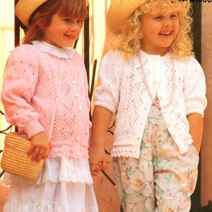Girls Lacy Eyelet Round Neck Cardigan Jacket Fancy Hem Short Sleeve Option  20-30" ~ 4 ply Fingering Knitting Pattern pdf Instant Download