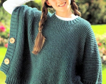 Girls Easy Poncho Fishermans Rib Round Neck Button Sides 24 - 34"   DK 8 Ply Light Worsted Knitting Pattern PDF download