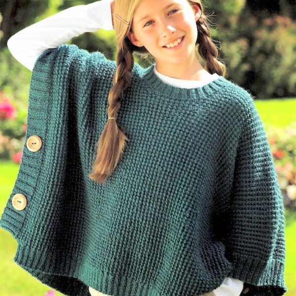Girls Easy Poncho Fishermans Rib Round Neck Button Sides 24 - 34"   DK 8 Ply Light Worsted Knitting Pattern PDF download