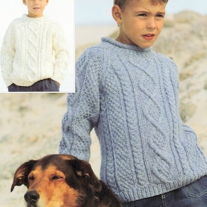 May include: A boy wearing a light blue cable knit sweater with a dog beside him. The boy is standing on a sandy beach.
